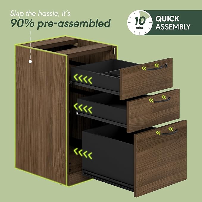 Furinno Roger 47 Inch Executive Desk with File Cabinet, Home Office Desk with 3-Drawer Fixed Pedestal Filing Cabinet, Desk Cord Grommet, for Home Office, Modern Walnut