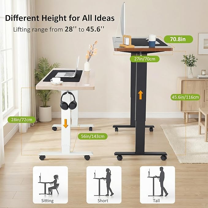 farexon Electric Standing Desk Adjustable Height, 71 x 28 Inch Sit Stand up Desk with Large Mouse Pad, Double Metal Hook,4 Wheels,4 Memory Preset Heights Home Office Computer Desk（Brown）