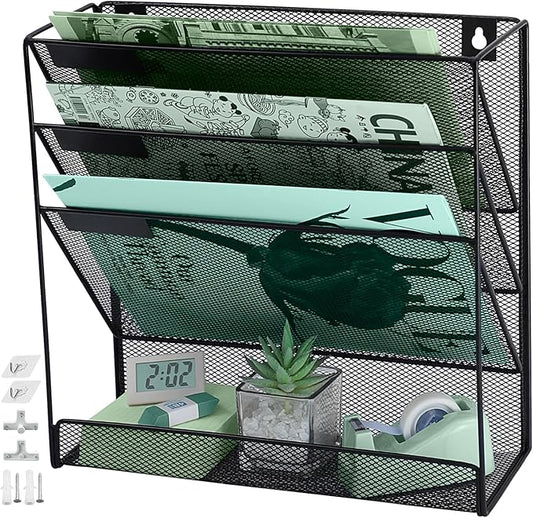 3 Pockets Mesh Wall File Holder Organizer with Bottom Flat Tray, Office Hanging File Folder Magazine Rack, Nametag Label Hooks Set Included, Black