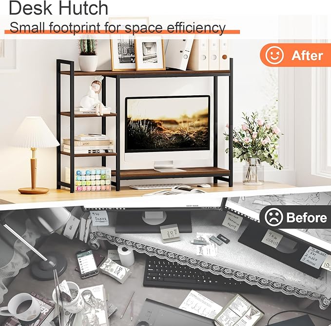 Snughome Desk Shelf, 38.6" Adjustable Desktop Organizer Shelf, Desk Hutch for Computer Monitor Stands, 4 Tier Desktop Display Rack, Wood Desktop Bookshelf Storage Rack for Home Office Dorm