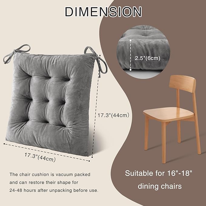 OVOV 2 Pack Chair Cushions for Dining Chairs Soft Seat Cushions for Kitchen Desk Chairs Square Chair Pads with Ties (15.5"x15.5" Light Grey)