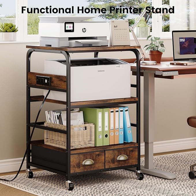 Extra Large Printer Stand with 2 Farbic Drawer, 3 Tier Printer Table with 4-Adjustable Heights, Rolling Printer Cart with Storage for Printer Scanner Fax Home Office Use, Rustic Black and Brown