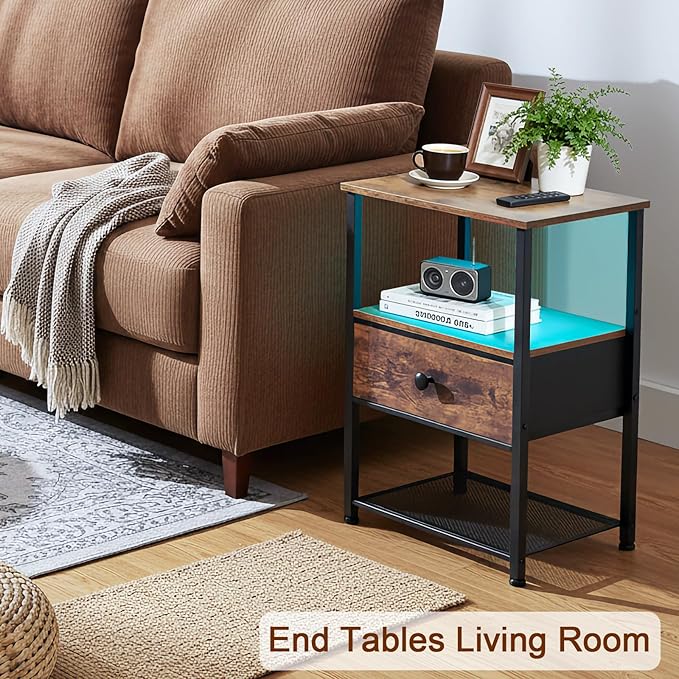 LOAKEKEL Night Stand Set 2, LED Nightstand with Charging Station, End Tables Living Room with Fabric Drawer for Small Spaces, Bed Side Tables with Storage Shelf for Bedroom, Brown, HETS01PBR