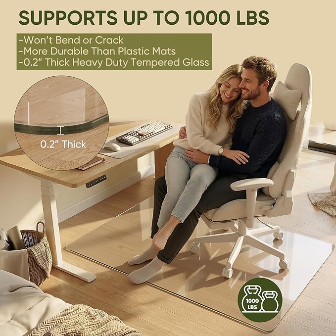 Tempered Glass Chair Mat for Hardwood Floor, 45" x 45" Heavy Duty Glass Office Chair Mat, for Low Pile Carpet, 0.2" Thick with 4 Non-Slip Pads, Smooth Rolling for Home & Office