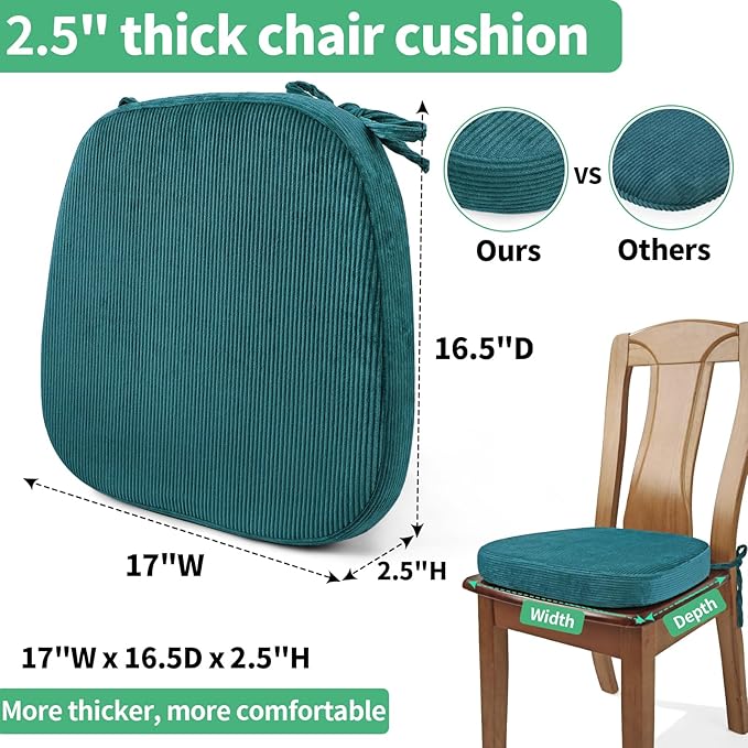 2.5" Thick Chair Cushions for Dining Chair, Corduroy High Density Foam Kitchen Chair Pads, U Shaped Indoor Seat Cushions with Ties & Non-Slip Backing, Washable Cover, 17''x16.5'', Blue