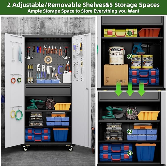 Aobabo Garage Storage Cabinet with Wheels, Metal Storage Cabinet with 1 Drawer for Home, Garage, Assembly Required, Black & Grey