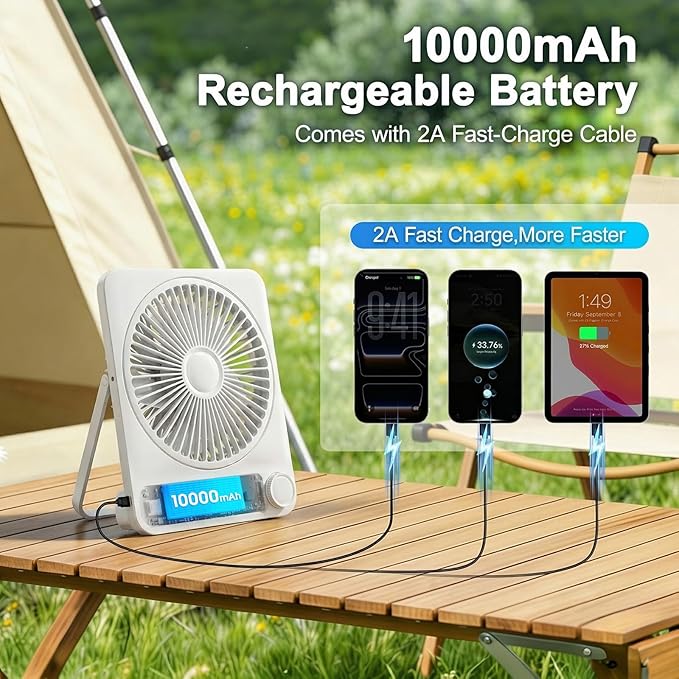 WHATOOK Large Travel Desk Fan: 10000mAh Battery 40 Hours Runtime Silent Rechargeable Fans, Quite Personal Portable Fan for Camping Bedroom Office Small Desktop fan (8.3 * 7.1inch White)