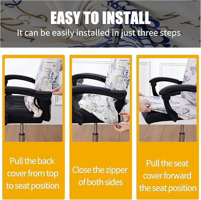Smiry Stretch Printed Computer Office Chair Cover with Armrest Covers, Soft Fit Universal Removable Washable Desk Rotating Chair Slipcovers, Anti-Dust Spandex Protector with Zipper, White