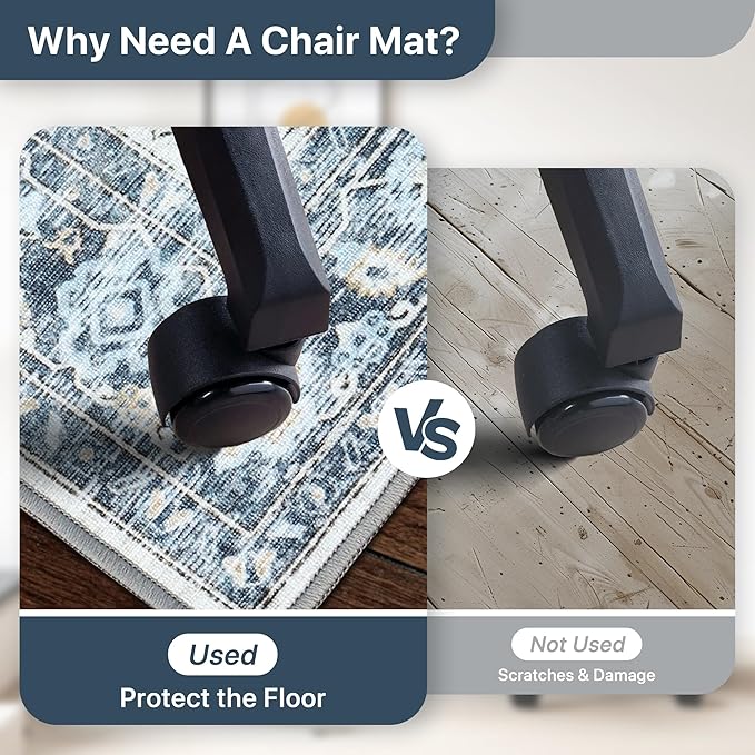 60"x60" Office Chair Mat for Hardwood Tile Floor, Under Desk Carpet Protector for Rolling Computer Chair Mat, Machine Washable Round Area Rug, Anti-Slip 1/5" Thick Low Pile Thin Floor Mat, Blue