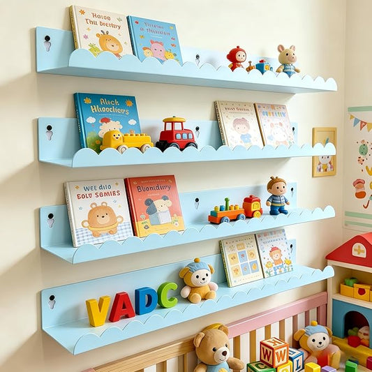 24 Inch Nursery Book Shelves Set of 4, Blue Metal Floating Shelves for Wall, Scalloped Cloud Book Shelf for Kids Room, Bathroom, Bedroom, Playroom Wall Decor & Storage