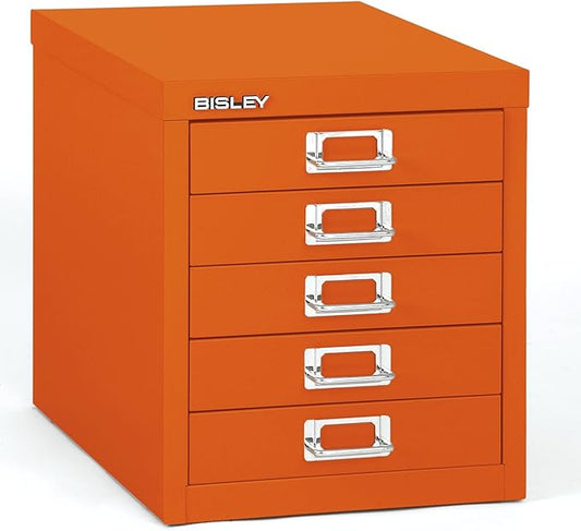 5-Drawer Steel MultiDrawer Cabinet - Bisley Orange, Chrome Pull Handles with Label Holders, Powder-Coated Steel, Removable Drawers, Desktop Storage, Labels Included by Bisley