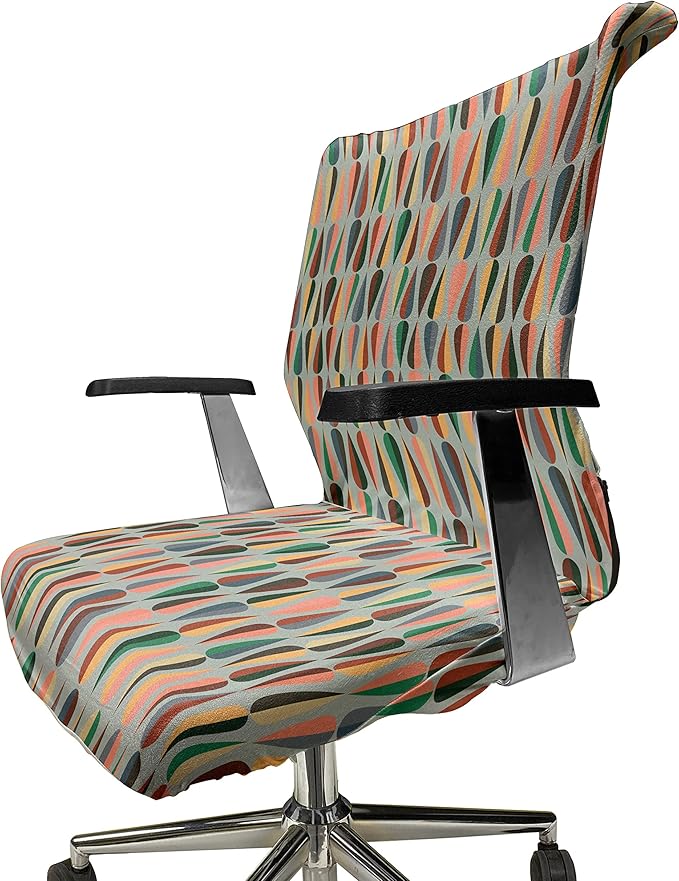 Ambesonne Mid Century Office Chair Cover, Simple 2 Colored Drop Shapes Abstract Symmetrical Grid Greyscale Background, Stretchable Decorative Universal Size High Back Printed Slipcover, Pale Blue