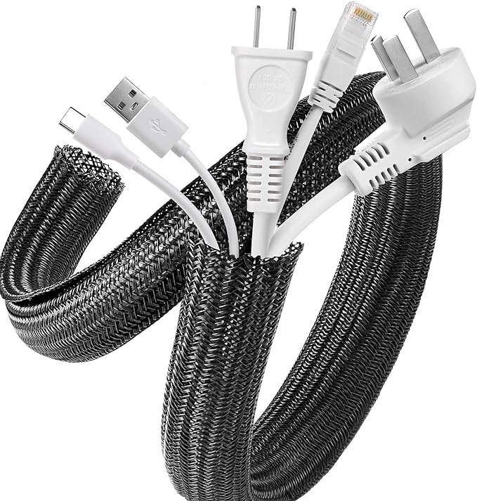 AGPTEK Cable Sleeve, 10ft - 1 inch Cable Management Desk Cord Cover Organizer Wire Hider for Home Office Computer TV Wire Loom Tubing Pet Proof Cord Protector from Cat Dog Chewing, Black