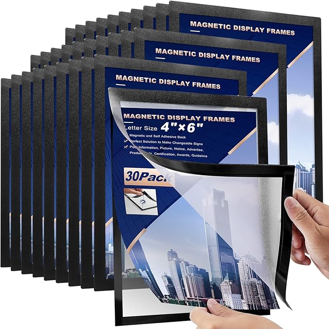30 Pcs Magnetic Signs Holder, for 4" x 6" Letter, Sturdy PVC Magnet Document Holder, Magnet Picture Poster Frame, Can Self-Adhesive Wall/Door/Window or Magnetic for Refrigerator