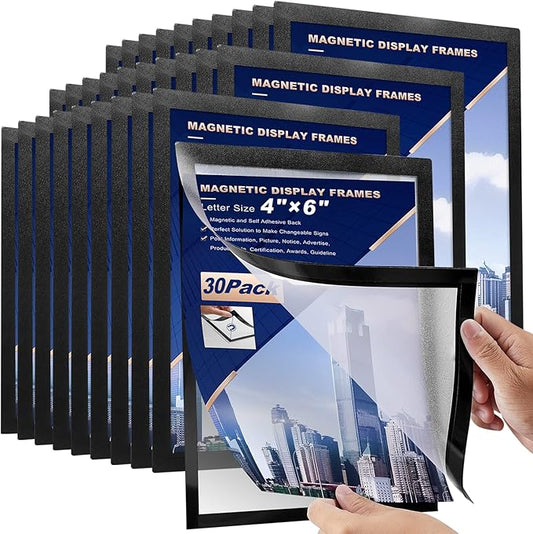 30 Pcs Magnetic Signs Holder, for 4" x 6" Letter, Sturdy PVC Magnet Document Holder, Magnet Picture Poster Frame, Can Self-Adhesive Wall/Door/Window or Magnetic for Refrigerator