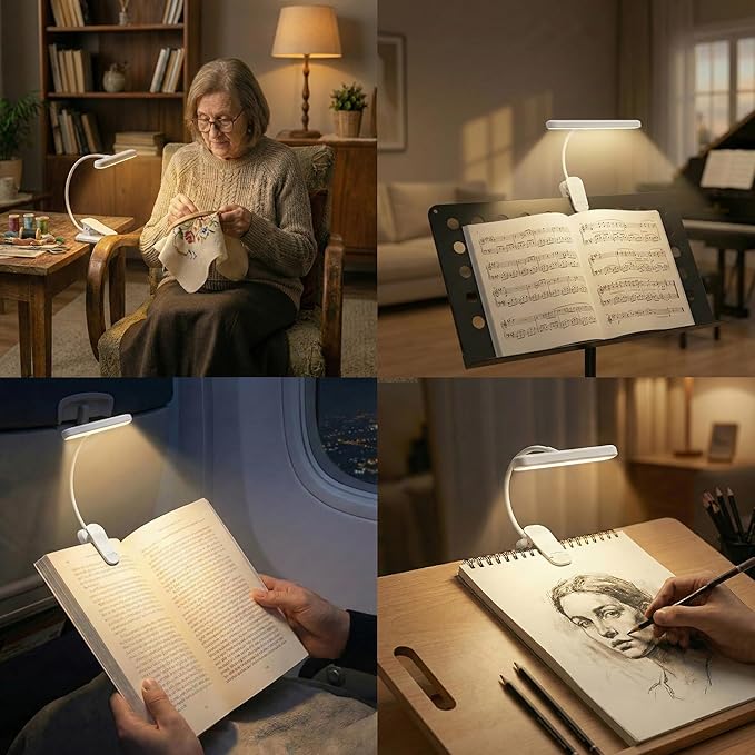 Rechargeable Book Lights for Reading at Night 25 LED - Eye Caring 15 Level Stepless Dimming, Extended 90Hrs Runtime, Lightweight Clip on Light, Gifts for Book Lovers, White