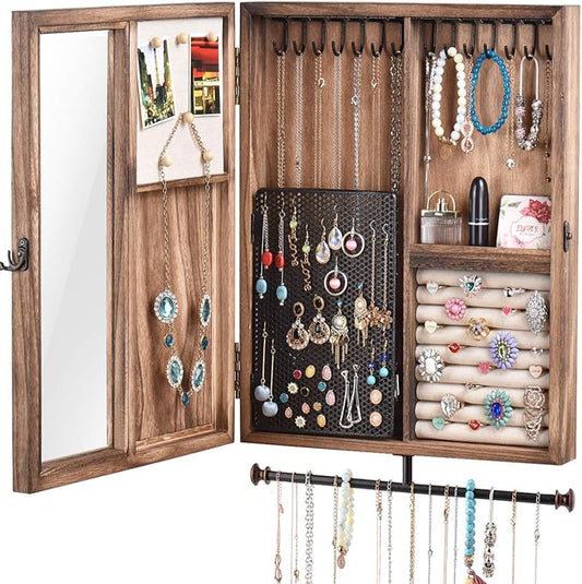 Keebofly Wall Mounted Jewelry Organizer Box Rustic Wood Large Space Jewelry Cabinet Holder Jewelry Storage Box for Necklaces, Earrings, Bracelets, Ring Holder, and Accessories (Carbonized Black)