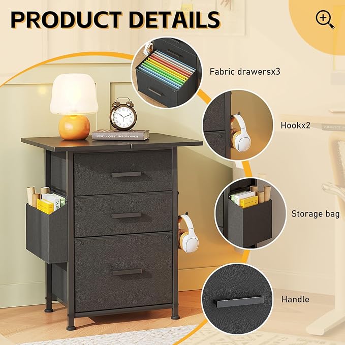 Mexin 3 Drawer File Cabinet with 24'' Extended Desktop, Mobile Filing Cabinet, Printer Stand, Rolling Printer Stand with Side Bag, Fabric Drawer, Fits A4 Size, Home Office, Black