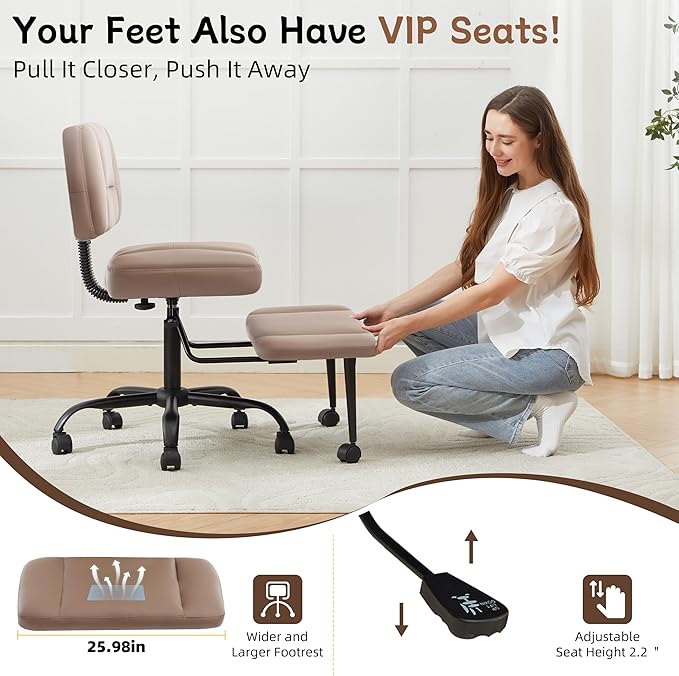Ergonomic Criss Cross Legged Office Chair, ADHD Chair, 360° Swivel Meditation Kneeling Chair with Wheels, Adjustable Footrest, Bigger & Wider Height Adjustable Seat, Strong Lumbar Support, Brown PU