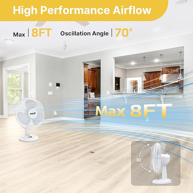 Shop-Air 12" Oscillating Table Fan, 3 Speeds, High-Velocity, Quiet & Powerful Air Circulation, 70° Adjustable Head Tilt,Ideal for Home, Bedroom or Office, White