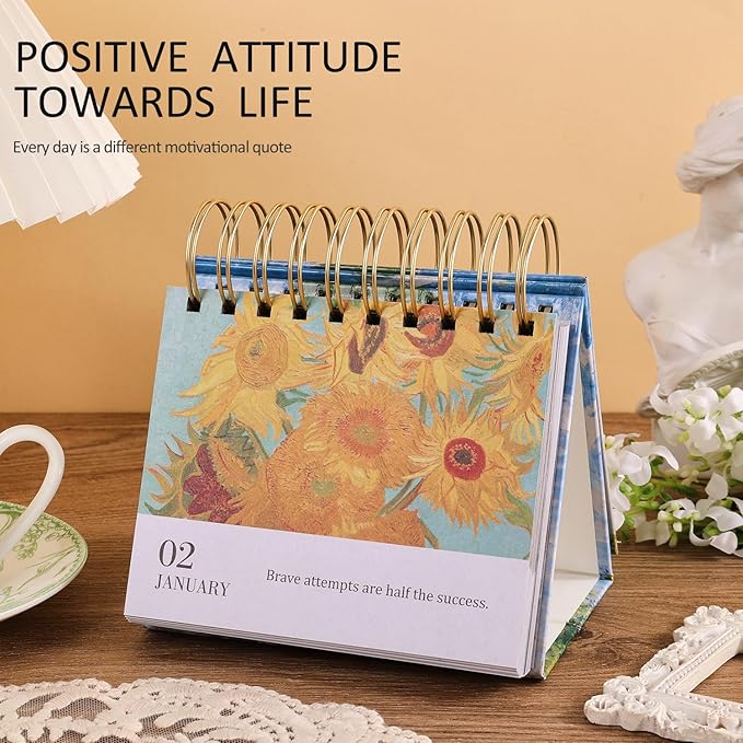 Vintage Oil Painting Daily Flip Calendar with Inspirational Quotes - Motivational Perpetual Desk Calendar, Aesthetic Office & Home Decor, Desk Accessories & Positive Affirmation Gifts for Women Girls
