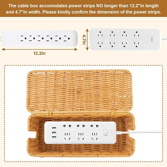 Handmade Rattan Cable Management Box, Cord Hider Box, Electric Cord Hider for Power Outlets, Routers, Chargers, and Daily Storage Items