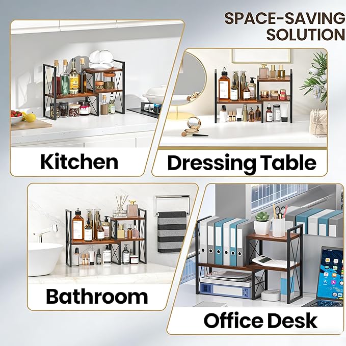 Expandable Desktop Shelf Organizer, 2 Tier Wood Desk Shelf for Office, Metal Corner Bookshelf, Countertop Storage Rack (Brown)
