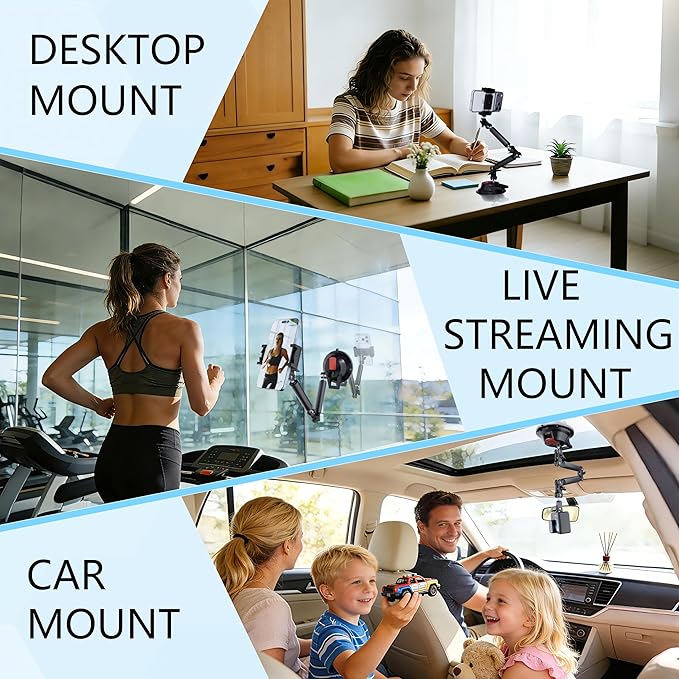 4.5" Suction Cup Magic Arm Mount Kit：Versatile Car Mount & Desktop Phone Holder Complete with 1/4" Thread Phone Holder & Camera Adapter | Perfect for Phone、Webcam、Action Camera、Video Light