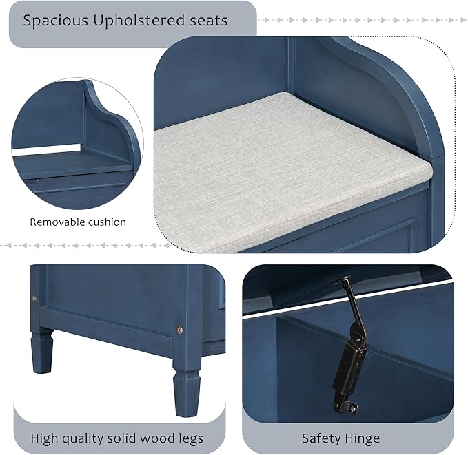 SOFTSEA 41.9" Storage Bench with Back, Entryway Shoe Bench with Cushion & Lift Top Storage, Rustic Shoe Storage Cabinet with Cushioned Seat for Entryway, Bedroom, Living Room (Antique Navy)