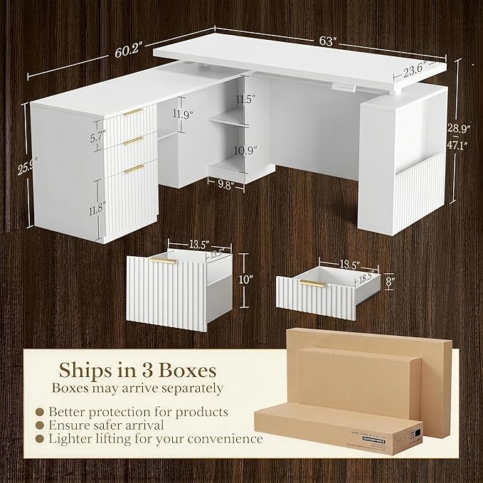 63 Inches L Shaped Standing Desk, Executive Standing Desk with Drawers and File Cabinet, AC/USB, 1.18" Desktop, Multi-Sized Storage Cubby, Privacy Panel, Fluted Computer Desk, White