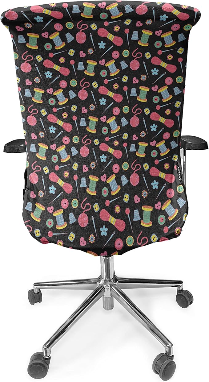Ambesonne Hobby Office Chair Cover, Colorful Sewing Tools on The Dark Background Handicraft Needlework Knit Theme, Stretchable Decorative Universal Size High Back Printed Slipcover, Multicolor Pink