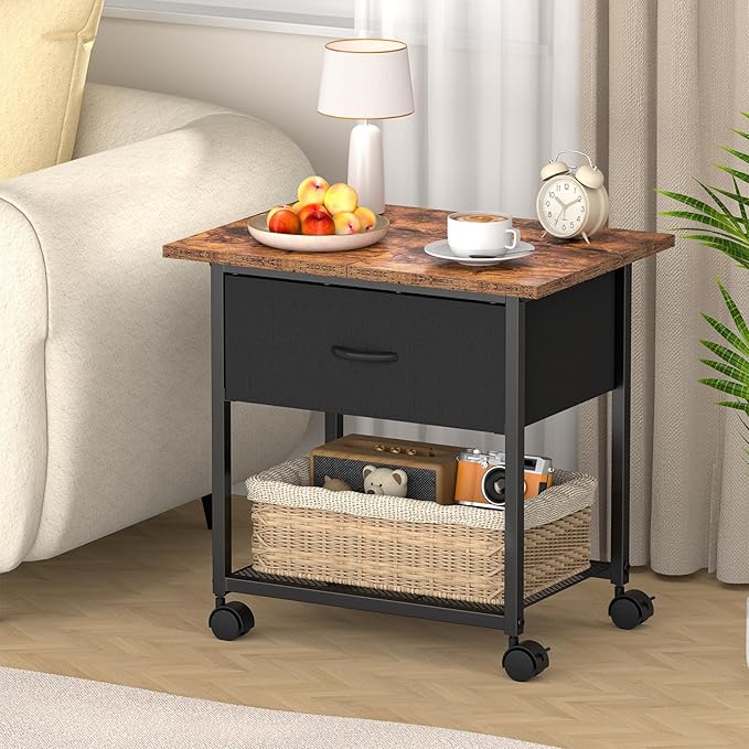 DAOUTIME 2-Tier Printer Stand with Storage Drawer, Under Desk Printer Table with Shelves, Rolling Printer Cart on Wheels for Small Spaces/Home Office, Fits 3D Printer Scanner, Rustic Brown and Black