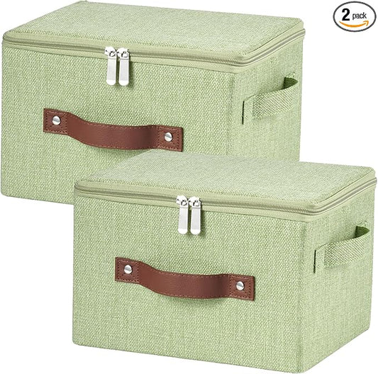2 Pack Storage Bins with Zipper Lid Cotton Linen Fabric Lidded Storage Baskets Boxes Foldable Washable Closet Shelf Clothes Organizer Container with PU Leather Handles (Green, Small Size)