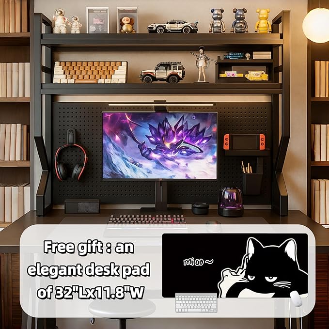 Desktop Hutch Bookshelf,Many Gifts,Metal Desktop Bookcase with pegboard, Desk Shelf Black, Countertop Storage Organizer Rack for Dorm or Office,Desktop Shelves(Black, 29.5" Lx9.9 Wx39 H)