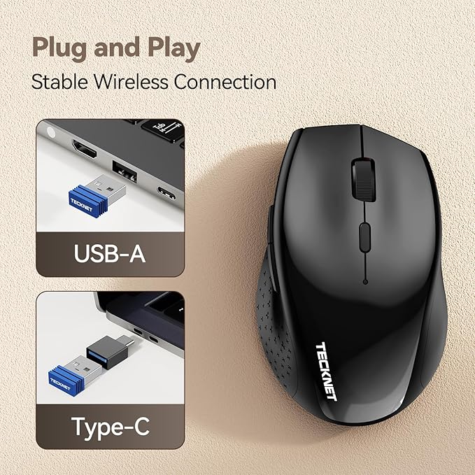 TECKNET Rechargeable Mouse with Jiggler, Plug & Play, 2.4G Connection with USB-C Adapter, Silent Mouse Quiet Click, 6400 DPI Ergonomic Mouse, Cordless Computer Mice for Laptop, Desktop, PC