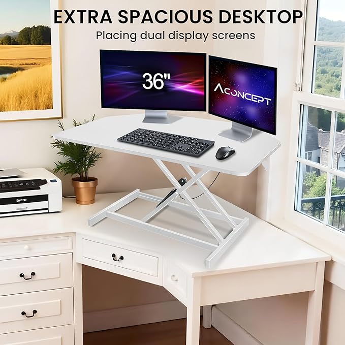 Aconcept 36 inch White Corner Height Adjustable Standing Desk Converter, One-Click Sit to Stand up Desk Riser, Pre-Assembled for Dual Monitor and Laptop Workstation