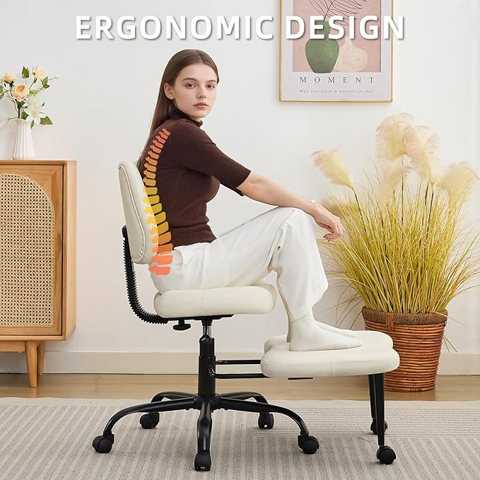 Ergonomic Criss Cross Legged Office Chair, ADHD Chair, Wide Height Adjustable Seat 360° Swivel Footstool with Wheels, Teddy Fabric Meditation Kneeling Chair, for The Restless Home Workers, White