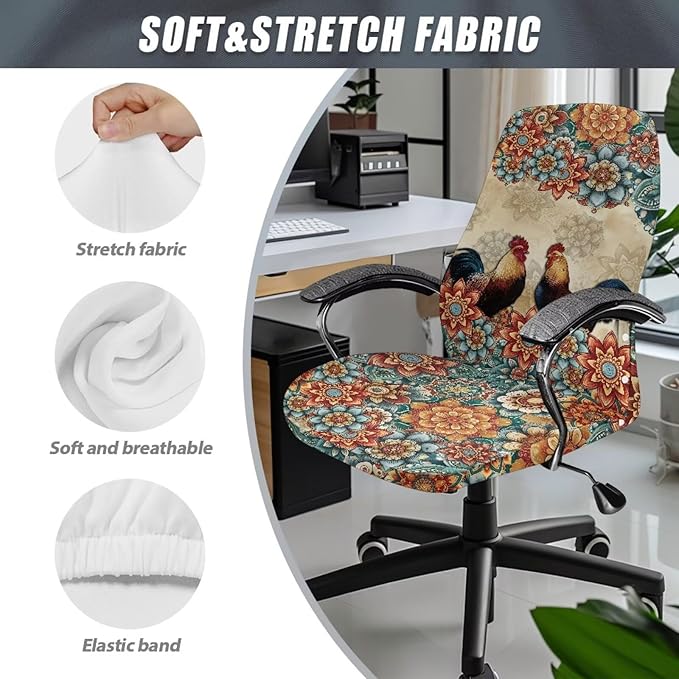 Talayituse Boho Mandala Rooster Chicken Print Office Chair Covers, Stretch Computer Chair Cover, Universal Boss Chair Covers Modern Simplism Style High Back Chair Slipcover, Large
