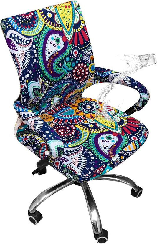 Waterproof Office Chair Cover with Armrest Cover 18Inch Wide Stretch Printed Boho Small Desk Computer Chair Covers with Long Zipper Arm Slipcovers Washable