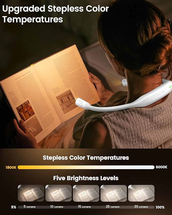 Glocusent Lightweight Neck Light for Reading in Bed, 1200mAh Rechargeable Book Light, Hands-Free Reading Light, 5 Colors, 5 Brightness Adjustable, Private Bedtime Reading for Book Lover