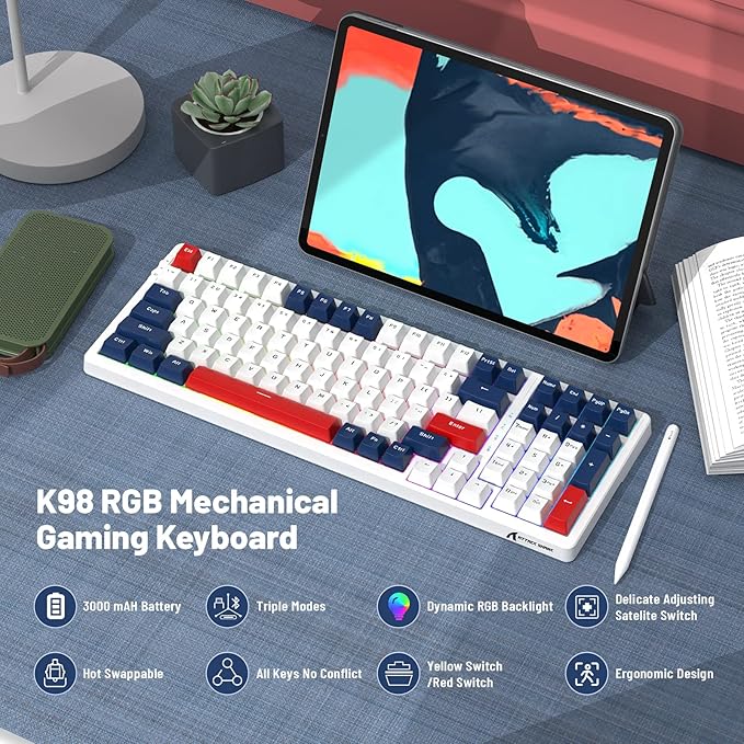 ATTACK SHARK K98 Wireless Mechanical Keyboard with 100 Keys, Tri-Mode BT5.0/2.4G/USB-C with Coiled Cable, Hot Swappable RGB, Rechargeable, Ergonomic, with Cloud Wrist Rest for MAC/Win-Red Switch