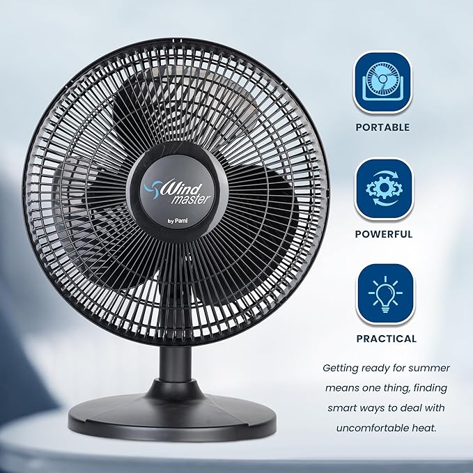 PAMI Oscillating Desk Fan - Portable Table Top Fan With 3 Speed Levels, Large Blades & Adjustable Tilt- Max Air Flow Office Desk Fan- Electric Cooling Fan For Bedroom Home Dorm Office (Black, 16'')