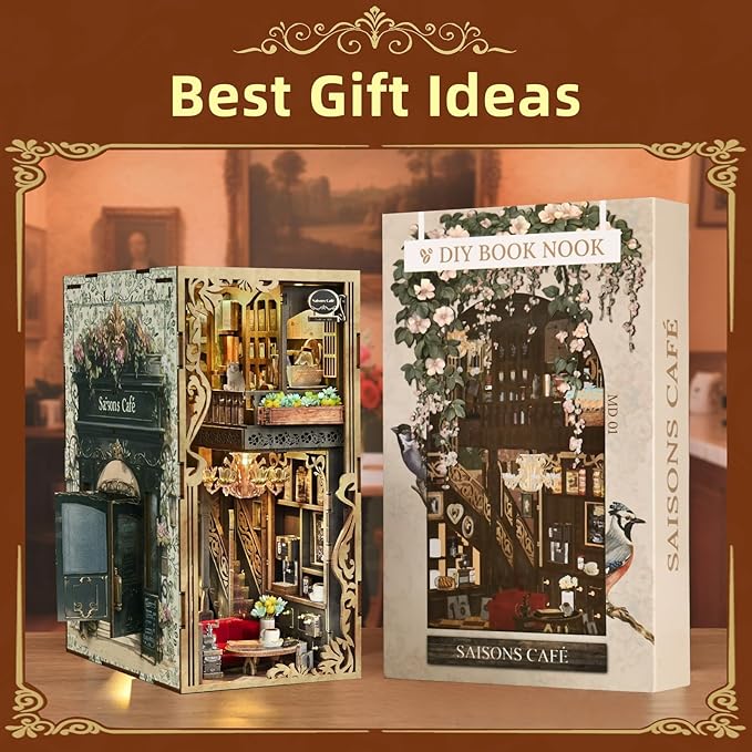 MiniCity Book Nook Kitwith Dust Cover and LED Light, 3D Wooden Puzzle Bookend Bookshelf Insert Decor for Teens and Adults (Saisons Café)