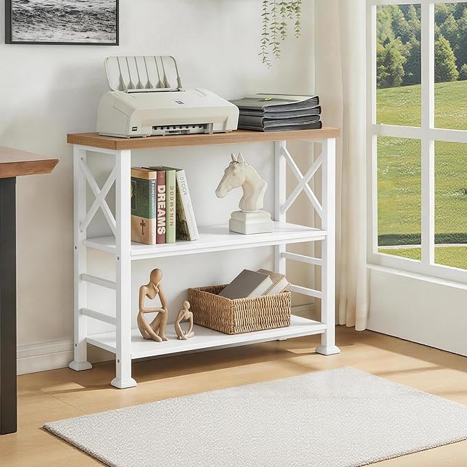 HOMBAZAAR 3-Tier Small Bookshelf, 35.4 Inch Short Book Shelf with Sturdy Metal Frame & Wood Shelves, Rustic Brown and White Industrial Bookcase for Living Room, Bedroom, Office