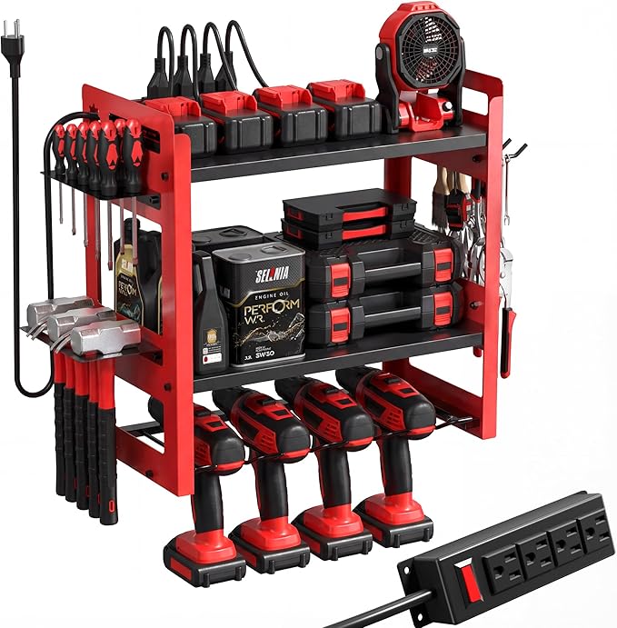 TOPRINCE Power Tool Organizer Wall Mount with Charging Station, 3-Tier Heavy Duty Metal Tool Rack with 4 Drill Holders and 6FT Power Strip, Garage Workshop Storage.Red