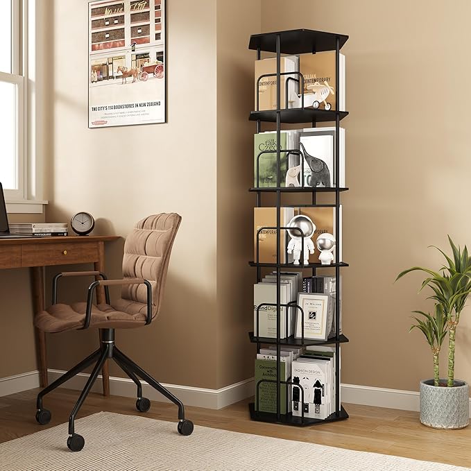SUNMORY 5 Tier Rotating Bookshelf Tower, Revolving 360 ° Spinning Bookcase, Hexagonal Corner Book Shelf Storage Carousel, Vertical Rotate Turning Organizer Book Shelves for Living Room Office Bedroom