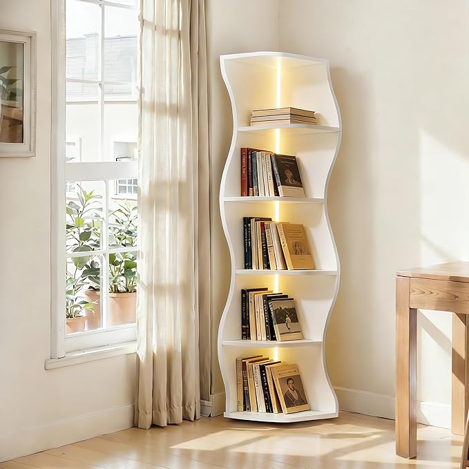 VECELO Wavy Corner Shelf with LED Light, Decorative 6-Tier Corner Display Bookshelf, 59.3" Tall Storage Organizer for Small Spaces, Living Room or Bedroom, White