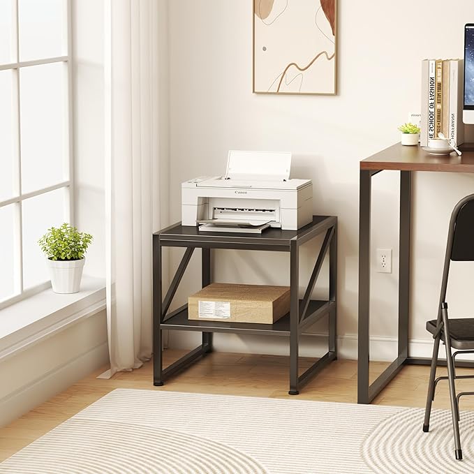 End Table with Charging Station, 20 Inch Square Printer Stand with USB Ports & Power Outlets, Mini Fridge Stand with 2-Tier Storage Shelf Adjustable, Industrial Wood Nightstand for Small Spaces, Black