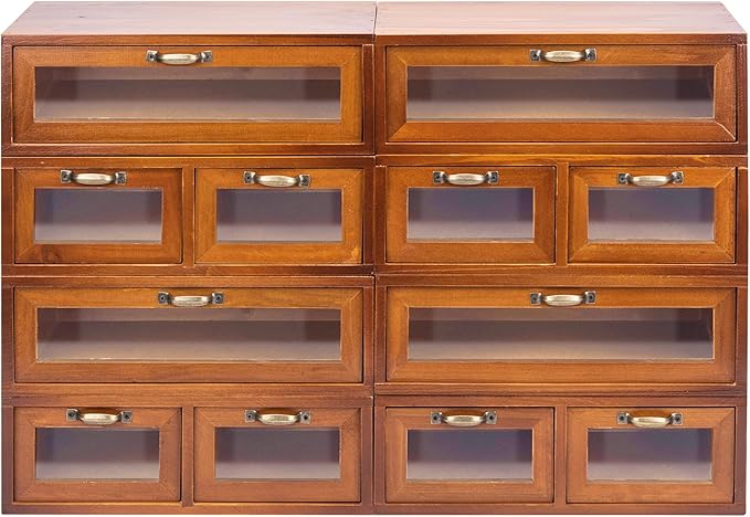 Modular Stackable Fully Assembled Set of 4 Storage Drawers - 12 Drawer See-Through Display Cabinets - 4-Level Desktop Organizer - Wood Box w/Metal Handle Collectible Card Bedazzling Decluttering