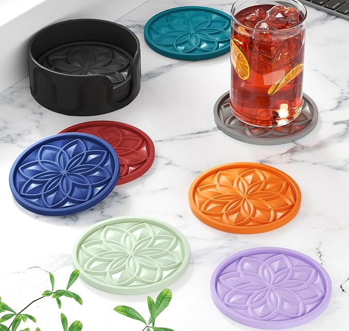 HFHOME Silicone Coasters Set for Drinks - 6 Pack With Holder, Table Cup Mat for Coffee Table, Desk, Bar - Tabletop Protection Gift - Nyanza Green